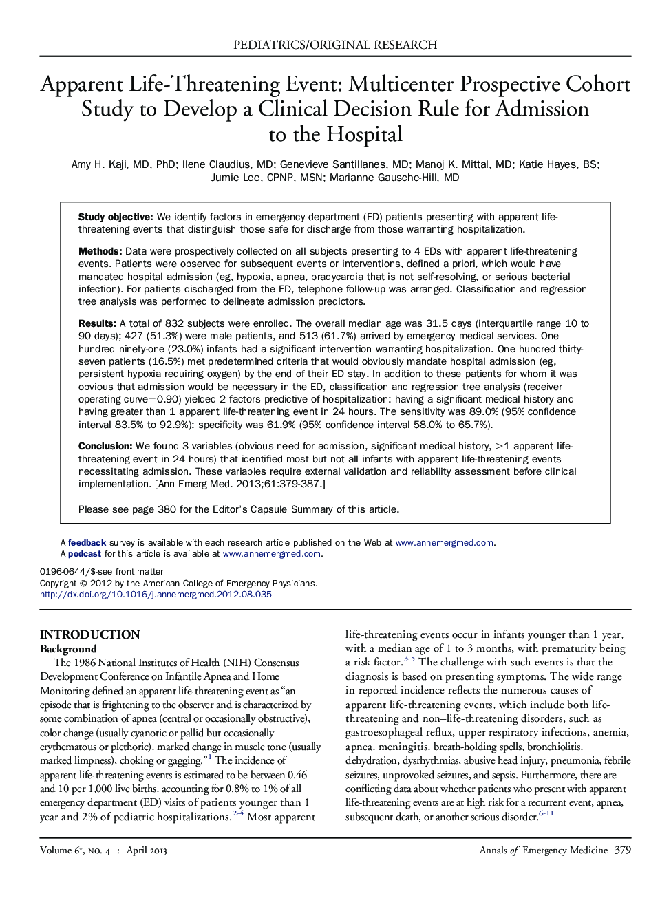 Apparent Life-Threatening Event: Multicenter Prospective Cohort Study to Develop a Clinical Decision Rule for Admission to the Hospital