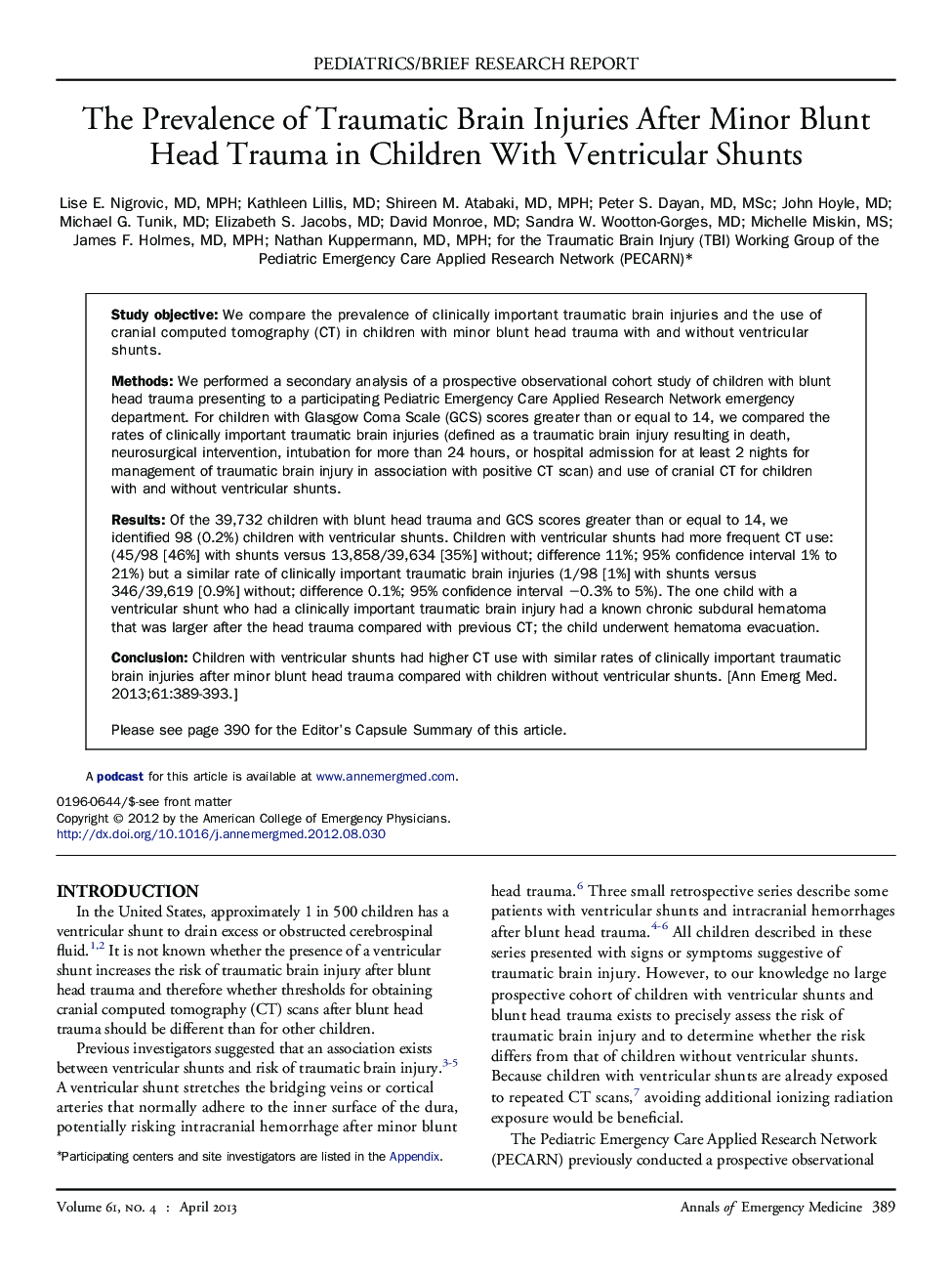 The Prevalence of Traumatic Brain Injuries After Minor Blunt Head Trauma in Children With Ventricular Shunts 