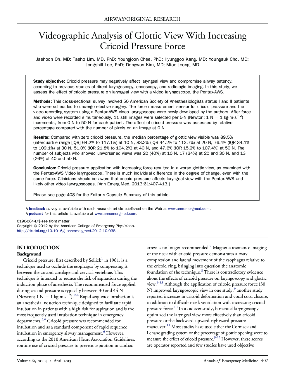 Videographic Analysis of Glottic View With Increasing Cricoid Pressure Force 