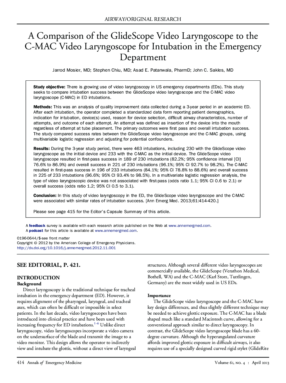 A Comparison of the GlideScope Video Laryngoscope to the C-MAC Video Laryngoscope for Intubation in the Emergency Department