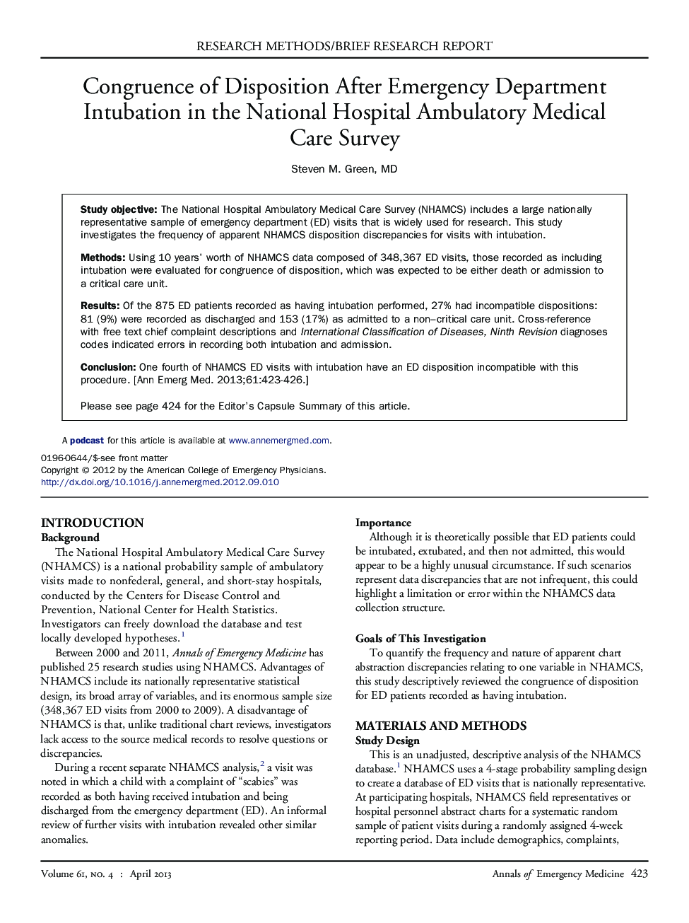 Congruence of Disposition After Emergency Department Intubation in the National Hospital Ambulatory Medical Care Survey