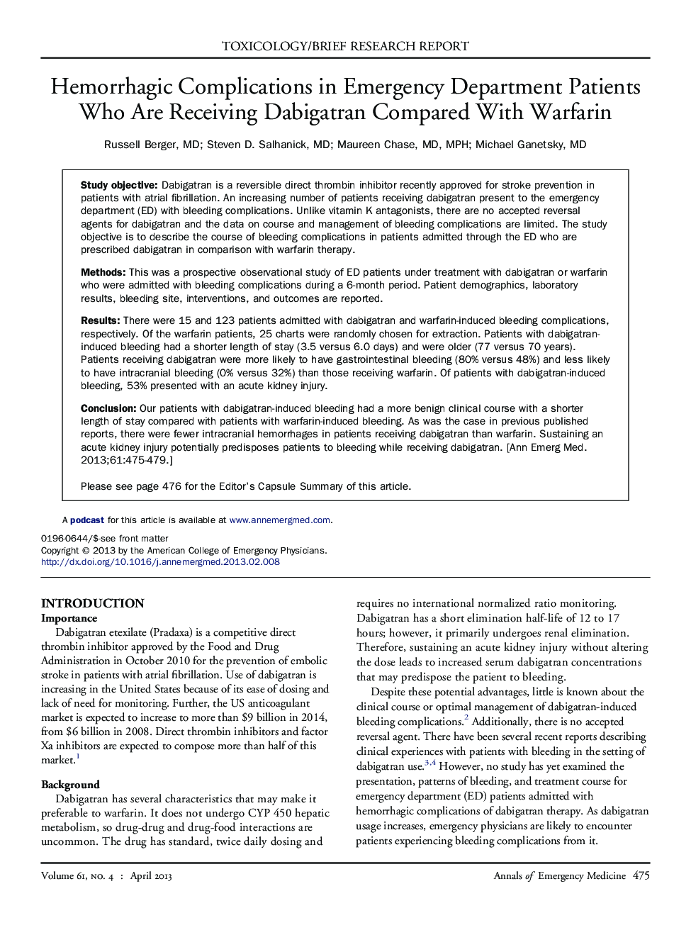 Hemorrhagic Complications in Emergency Department Patients Who Are Receiving Dabigatran Compared With Warfarin 