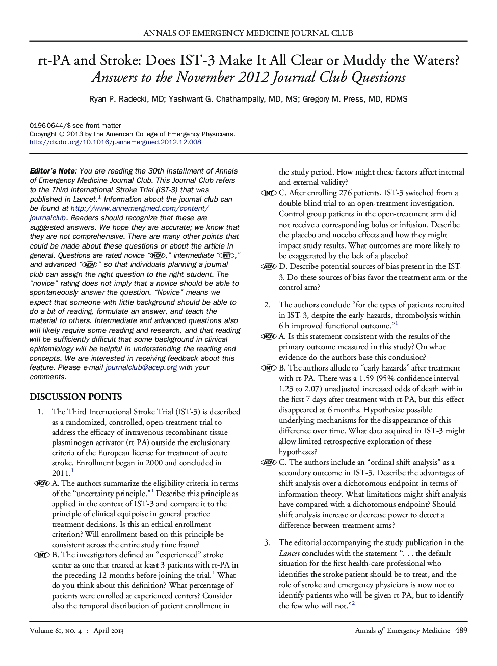 rt-PA and Stroke: Does IST-3 Make It All Clear or Muddy the Waters? Answers to the November 2012 Journal Club Questions