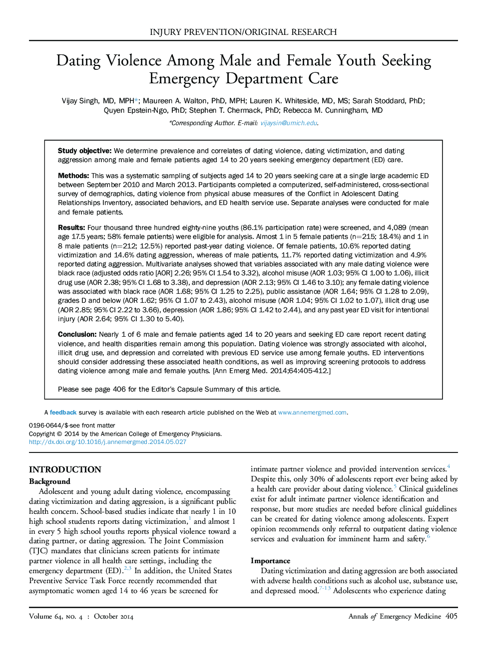 Dating Violence Among Male and Female Youth Seeking Emergency Department Care