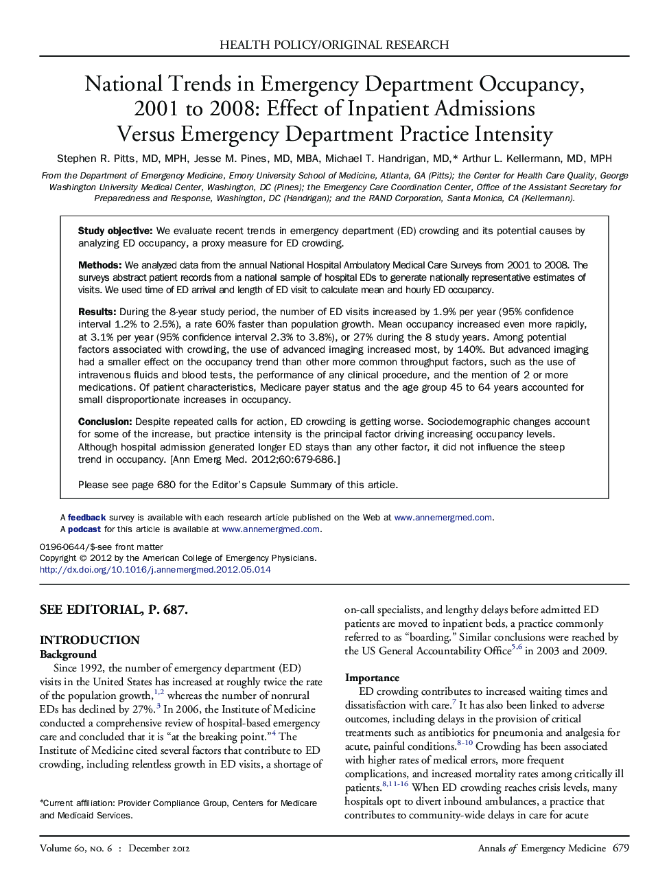 National Trends in Emergency Department Occupancy, 2001 to 2008: Effect of Inpatient Admissions Versus Emergency Department Practice Intensity