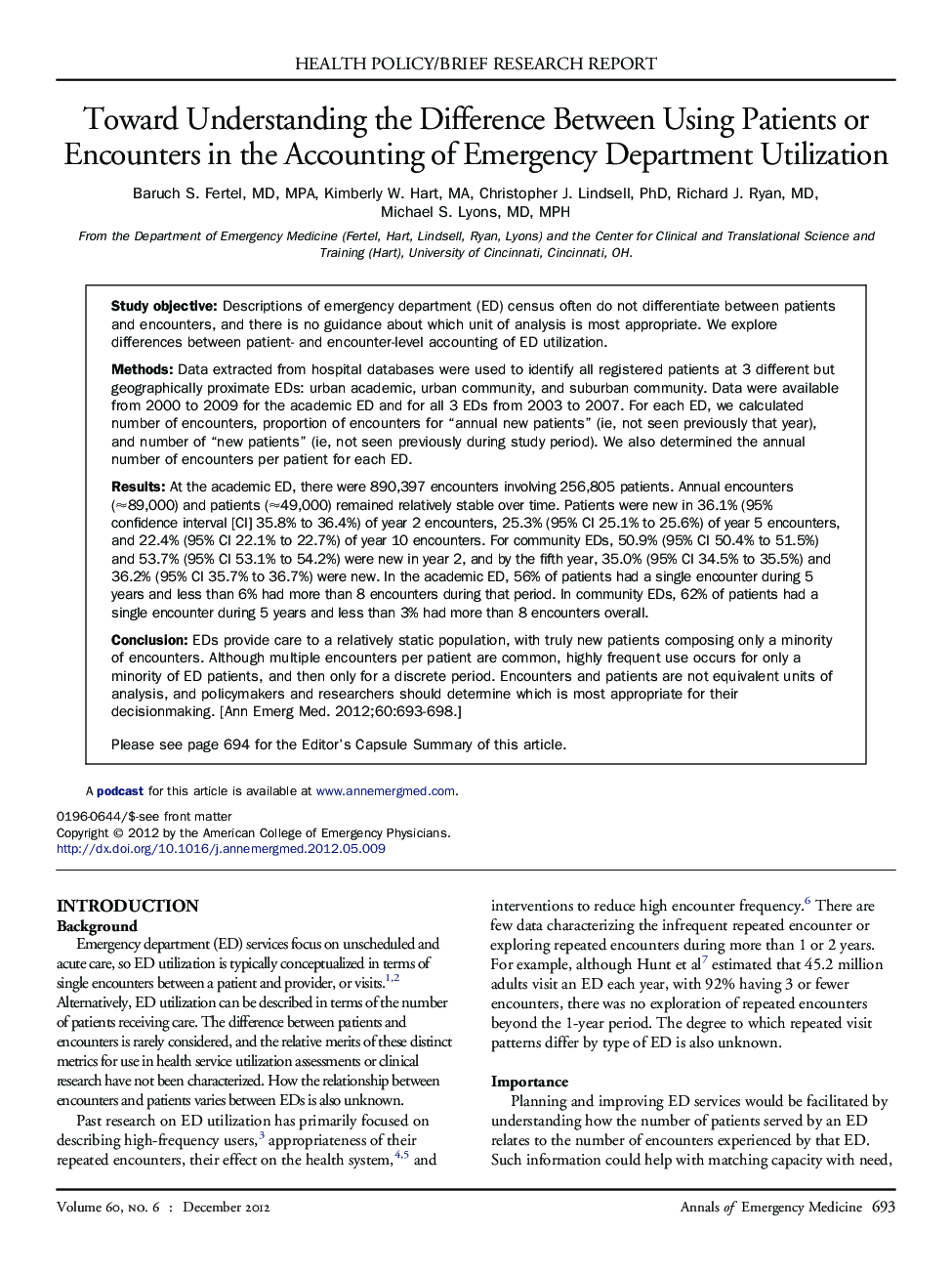 Toward Understanding the Difference Between Using Patients or Encounters in the Accounting of Emergency Department Utilization