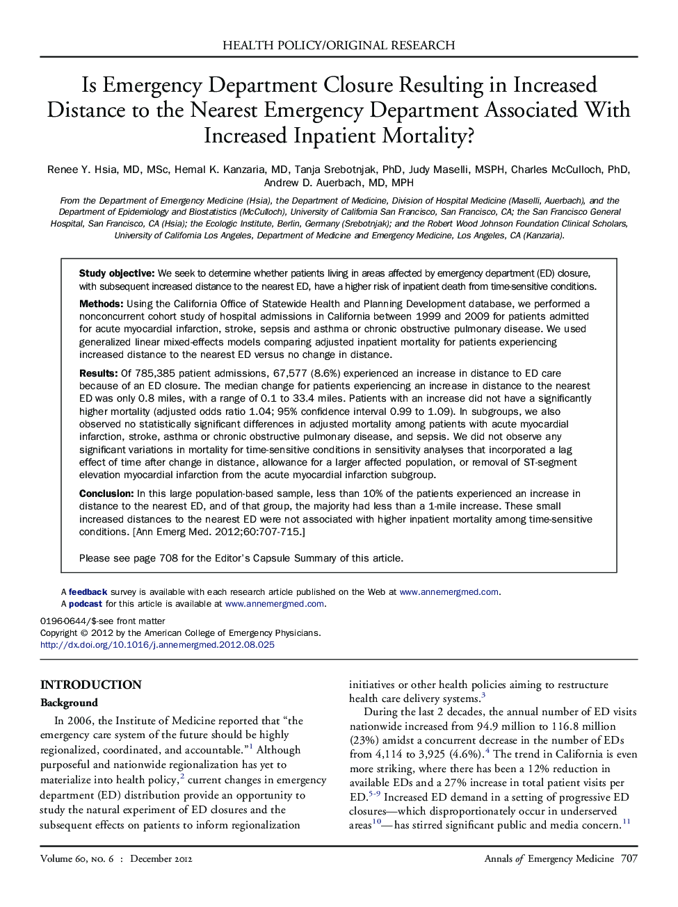 Is Emergency Department Closure Resulting in Increased Distance to the Nearest Emergency Department Associated With Increased Inpatient Mortality?