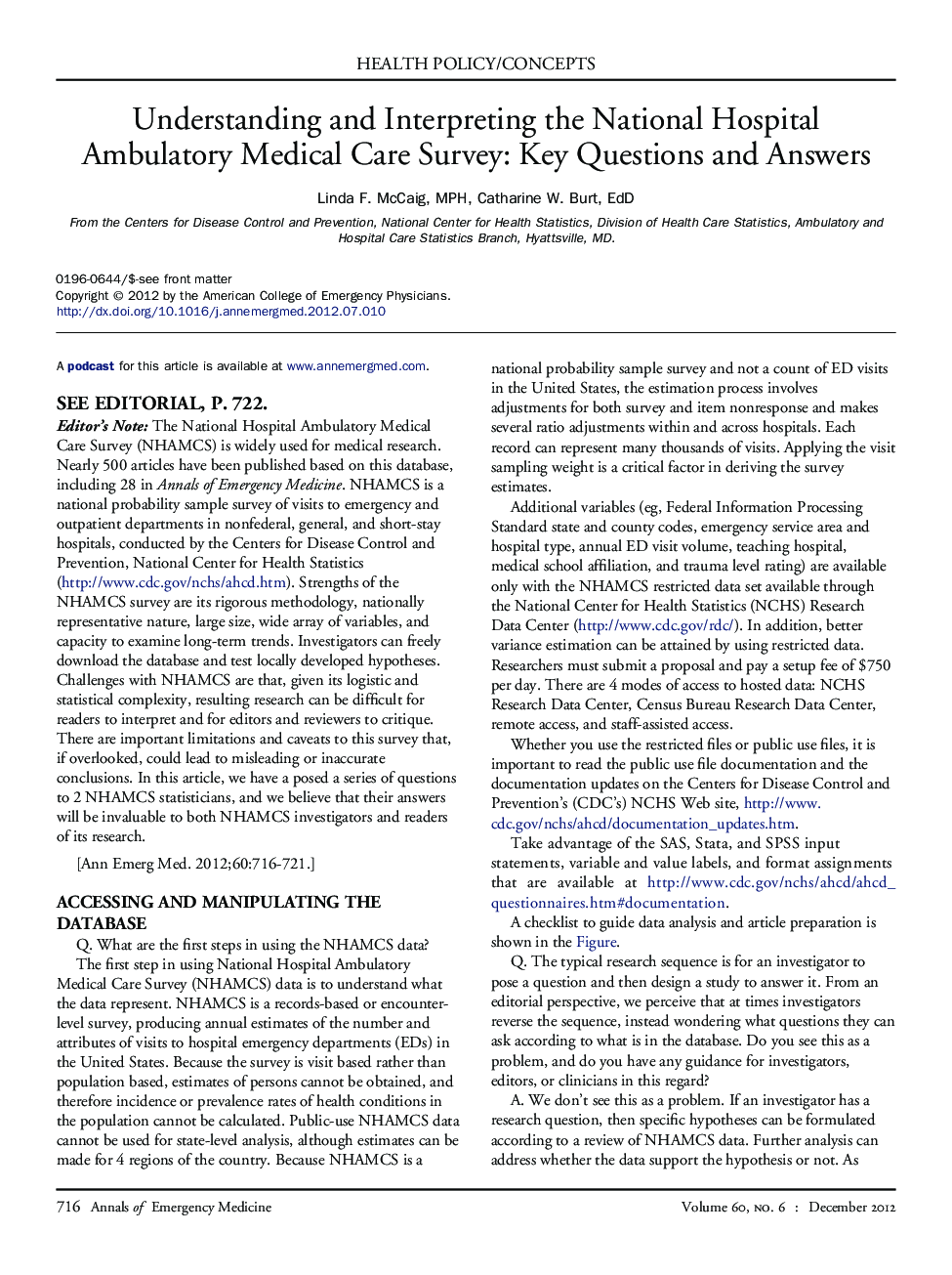 Understanding and Interpreting the National Hospital Ambulatory Medical Care Survey: Key Questions and Answers