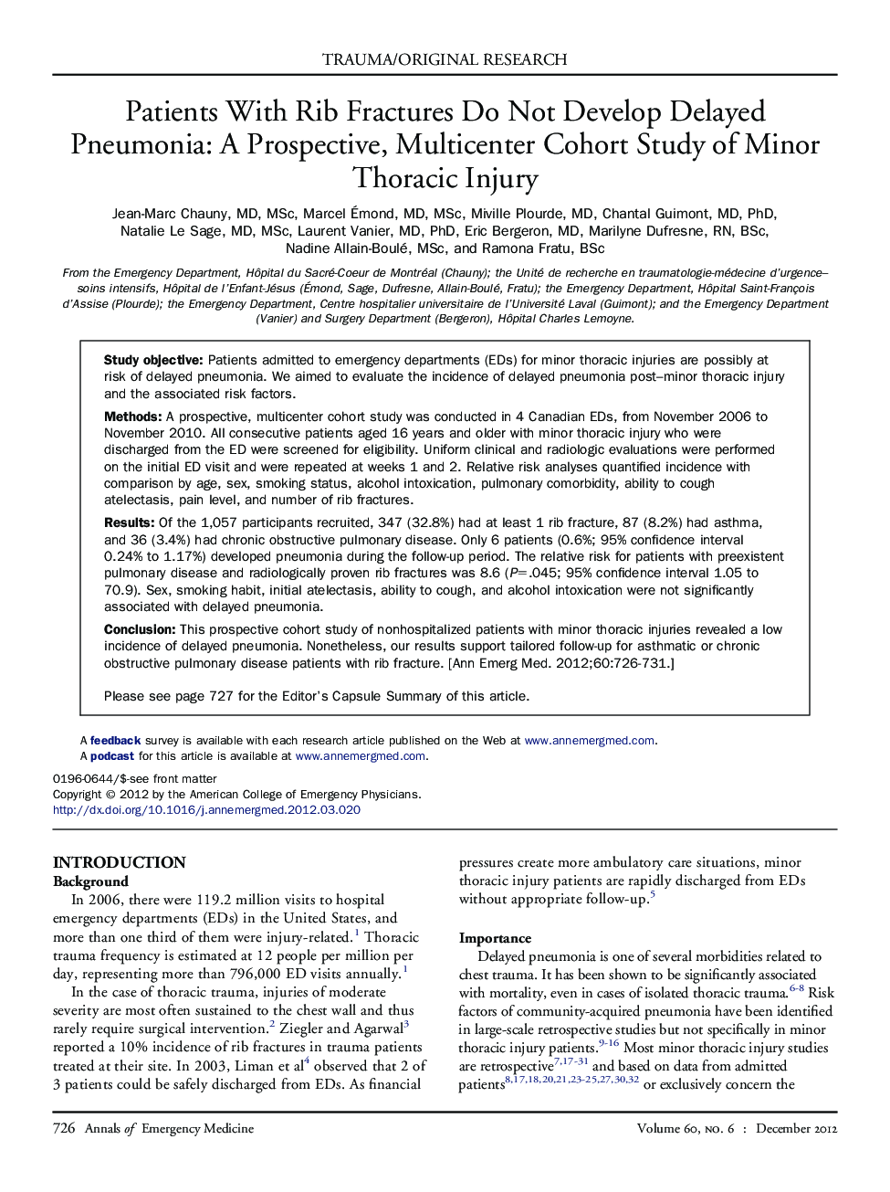 Patients With Rib Fractures Do Not Develop Delayed Pneumonia: A Prospective, Multicenter Cohort Study of Minor Thoracic Injury 