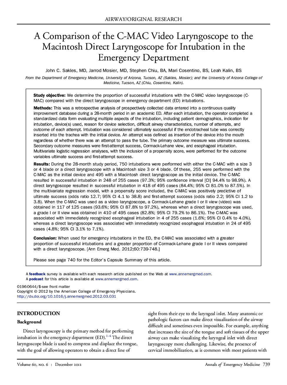 A Comparison of the C-MAC Video Laryngoscope to the Macintosh Direct Laryngoscope for Intubation in the Emergency Department 