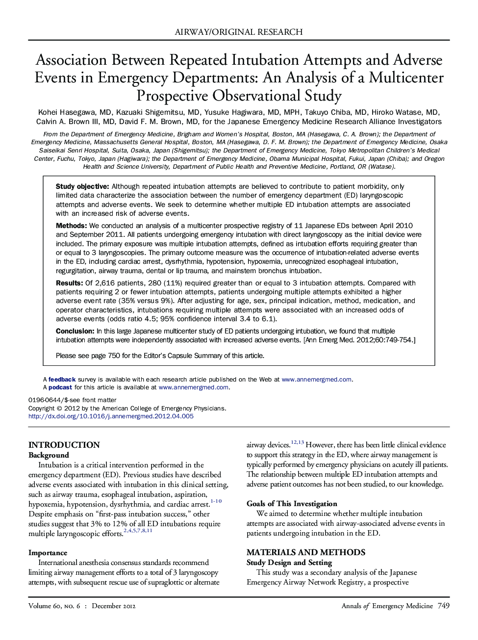 Association Between Repeated Intubation Attempts and Adverse Events in Emergency Departments: An Analysis of a Multicenter Prospective Observational Study
