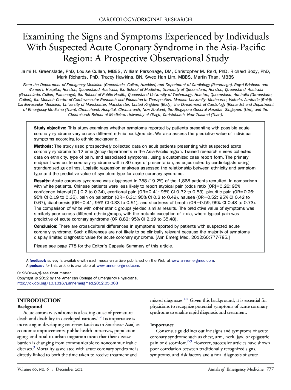 Examining the Signs and Symptoms Experienced by Individuals With Suspected Acute Coronary Syndrome in the Asia-Pacific Region: A Prospective Observational Study