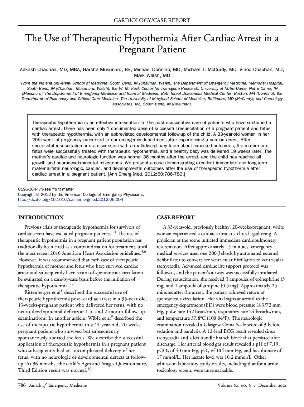 The Use of Therapeutic Hypothermia After Cardiac Arrest in a Pregnant Patient 