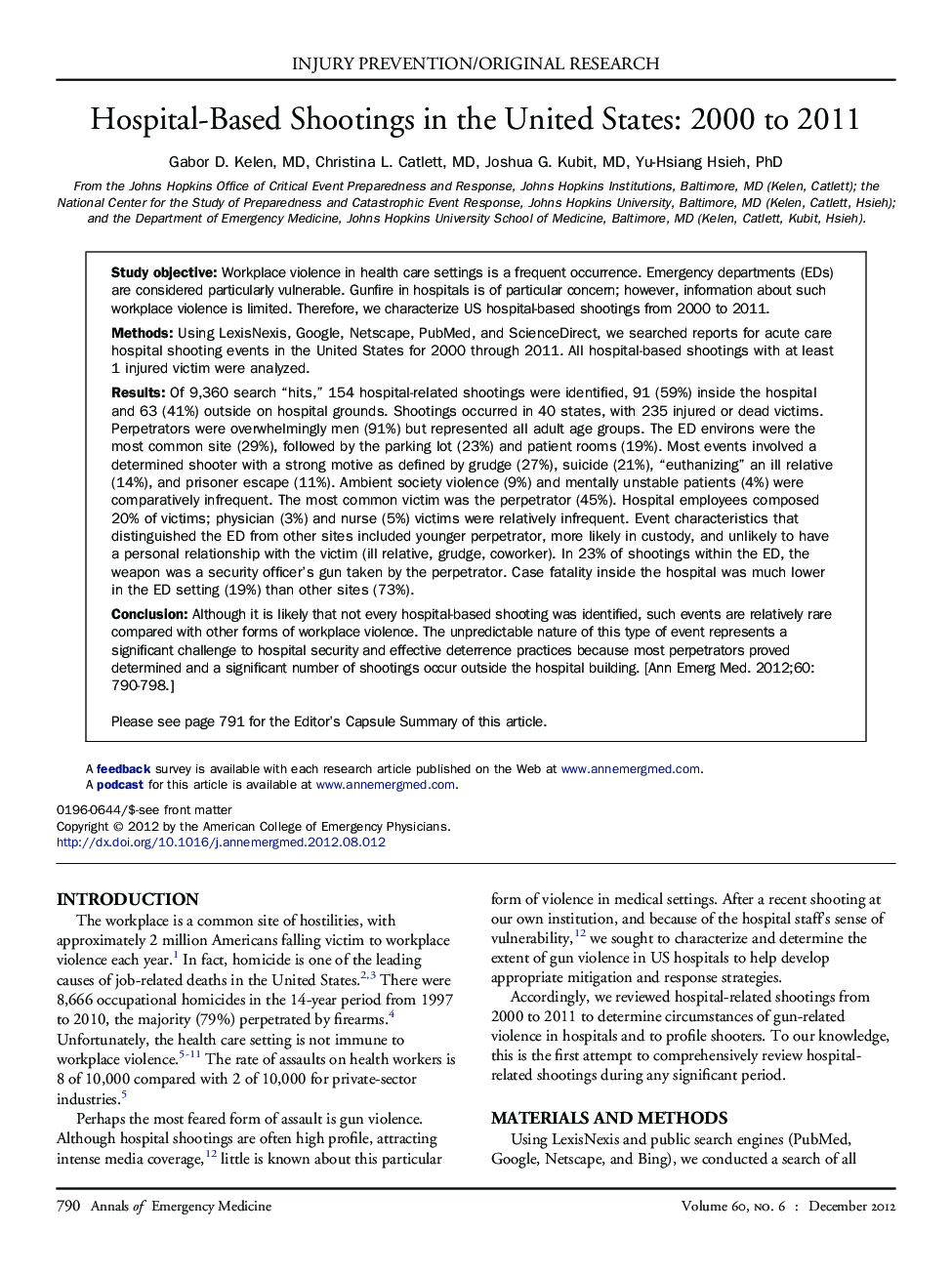 Hospital-Based Shootings in the United States: 2000 to 2011
