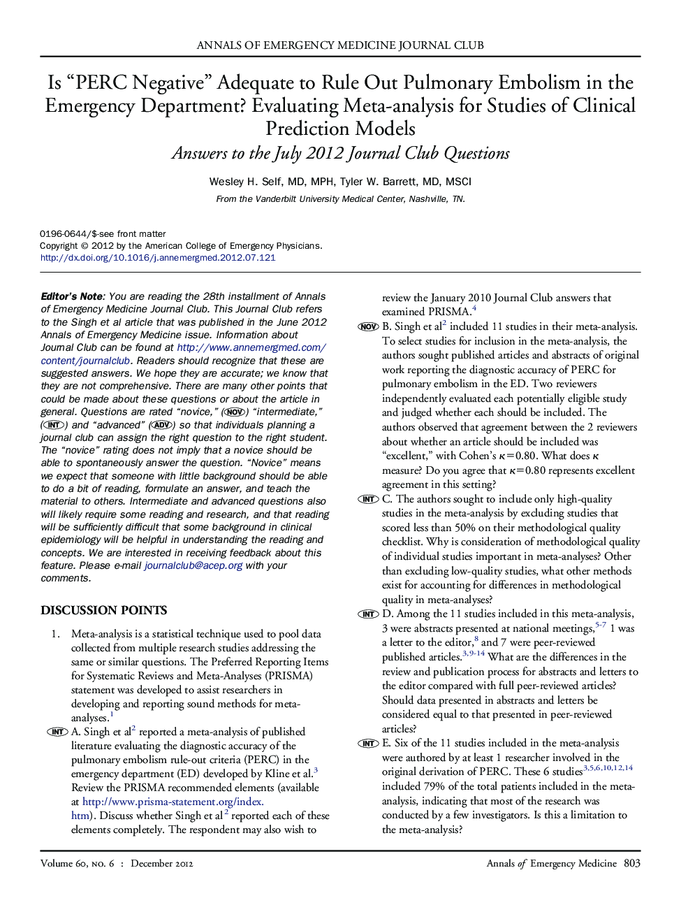 Is “PERC Negative” Adequate to Rule Out Pulmonary Embolism in the Emergency Department? Evaluating Meta-analysis for Studies of Clinical Prediction Models