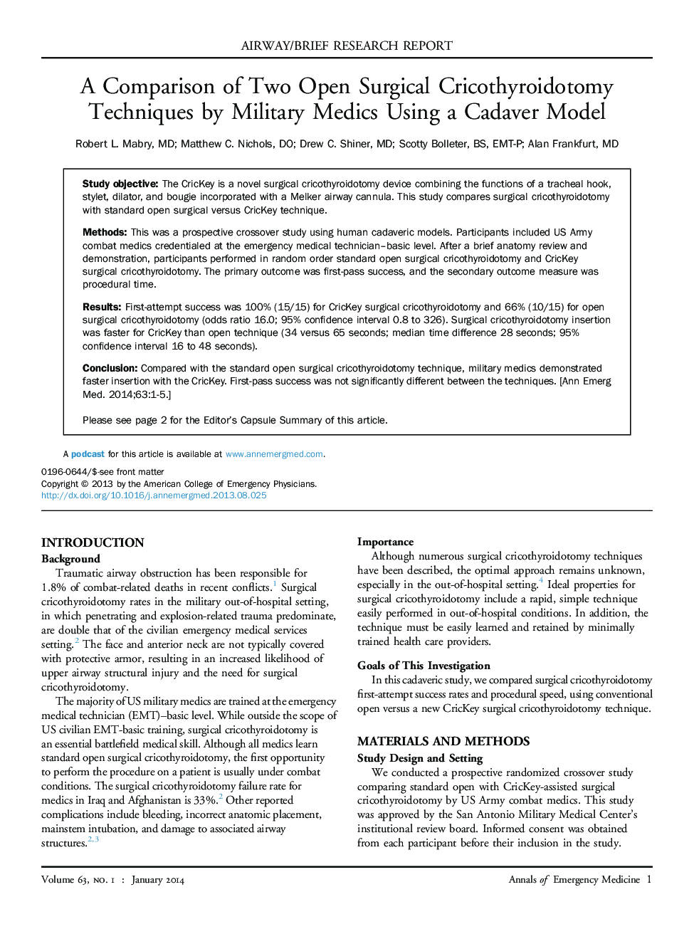 A Comparison of Two Open Surgical Cricothyroidotomy Techniques by Military Medics Using a Cadaver Model 