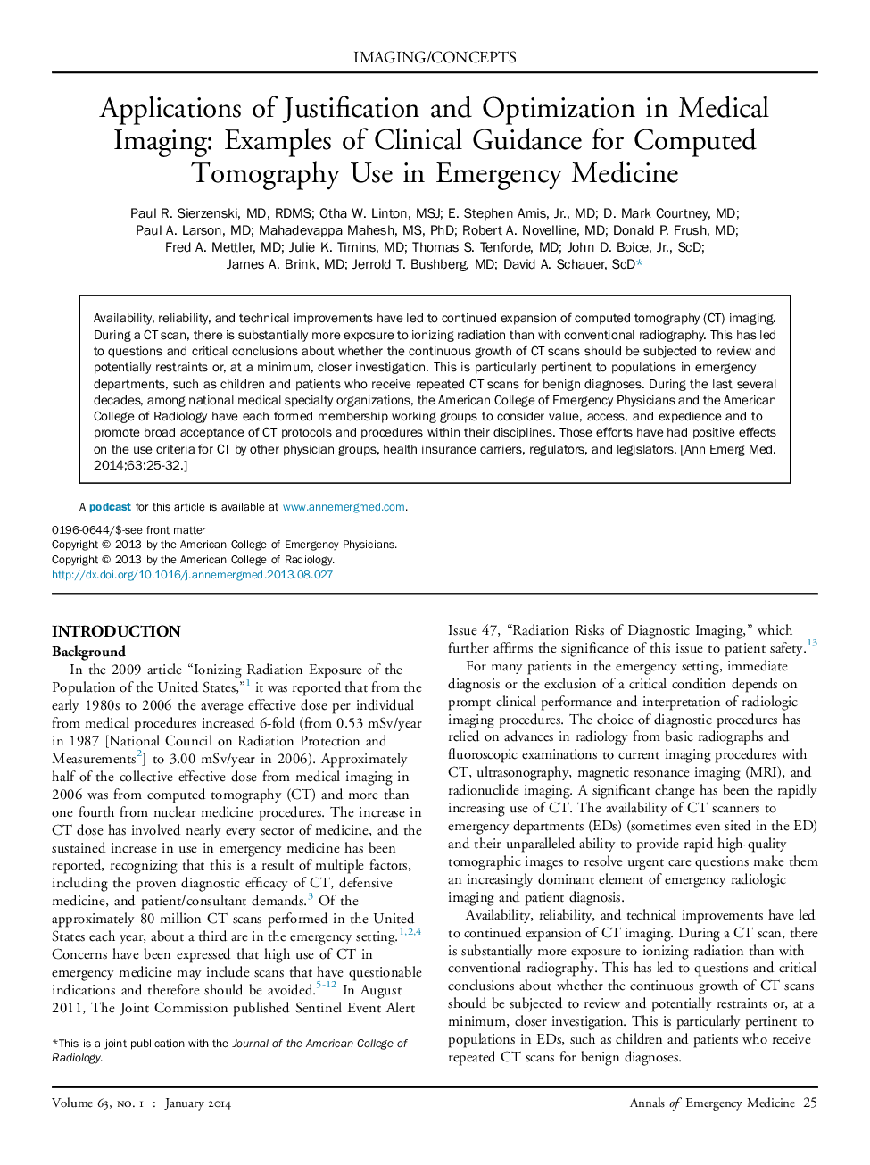 Applications of Justification and Optimization in Medical Imaging: Examples of Clinical Guidance for Computed Tomography Use in Emergency Medicine 