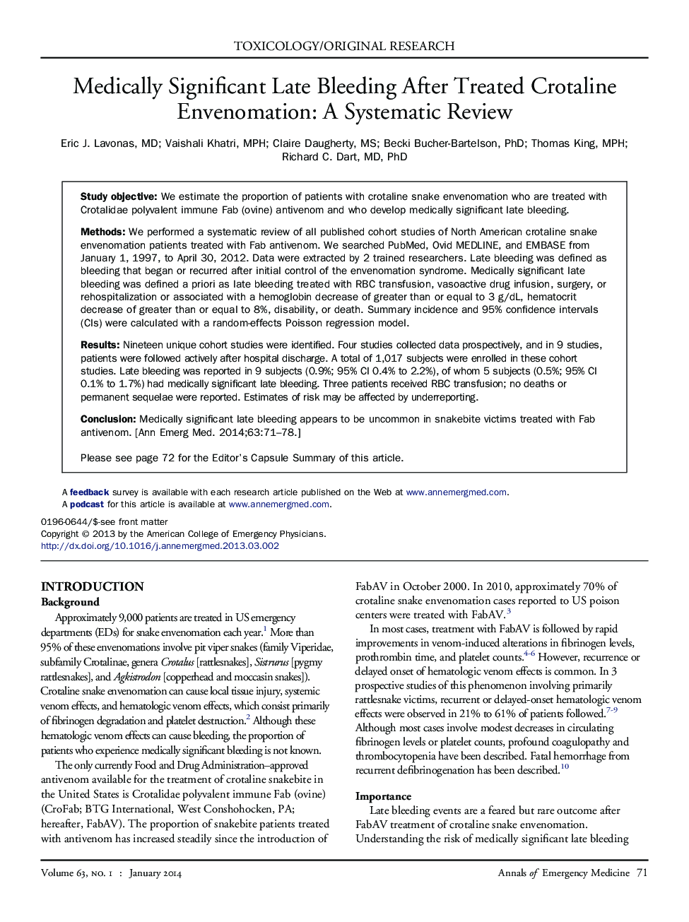 Medically Significant Late Bleeding After Treated Crotaline Envenomation: A Systematic Review