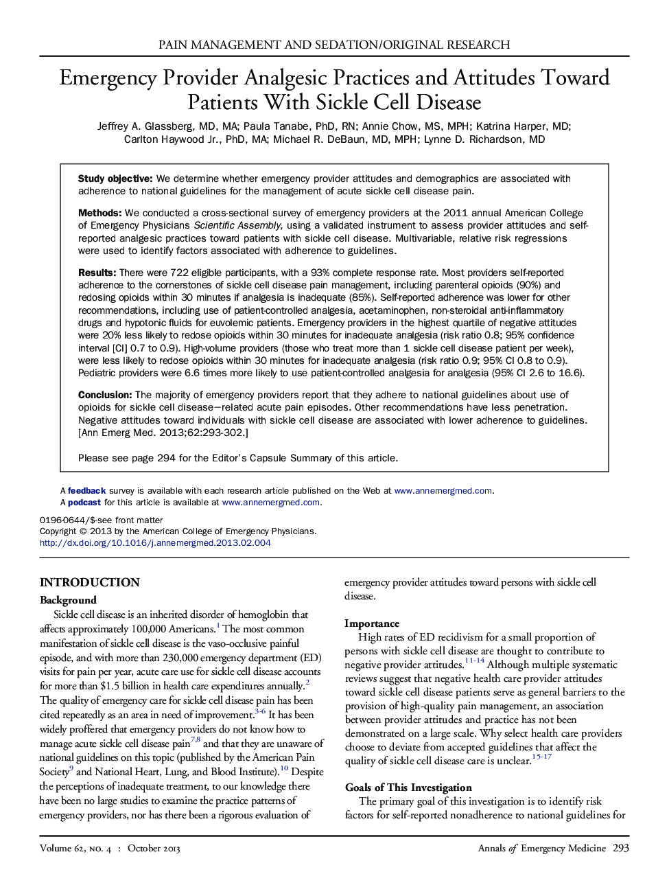 Emergency Provider Analgesic Practices and Attitudes Toward Patients With Sickle Cell Disease