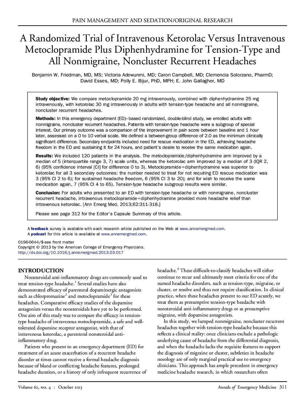 A Randomized Trial of Intravenous Ketorolac Versus Intravenous Metoclopramide Plus Diphenhydramine for Tension-Type and All Nonmigraine, Noncluster Recurrent Headaches