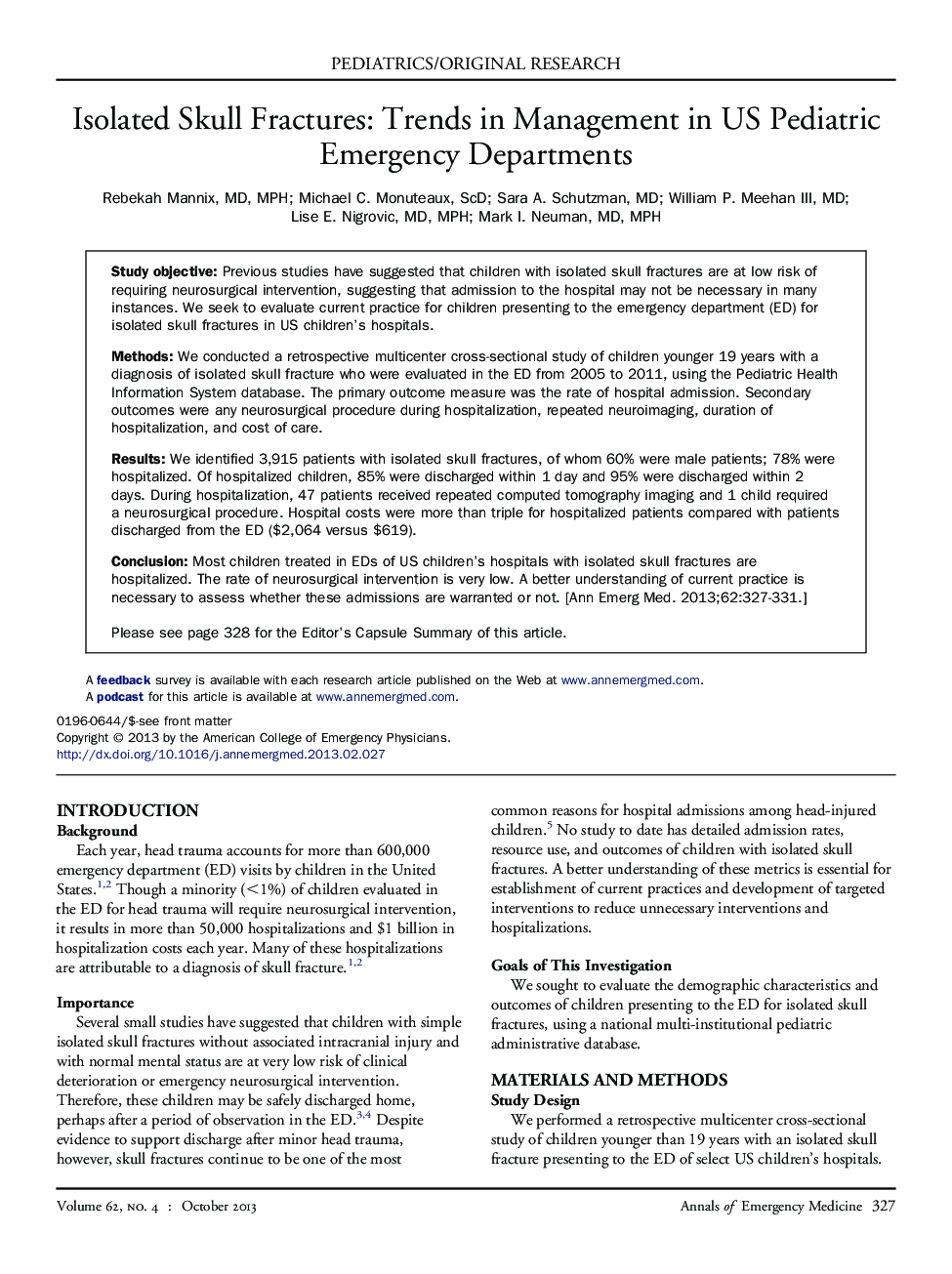 Isolated Skull Fractures: Trends in Management in US Pediatric Emergency Departments 