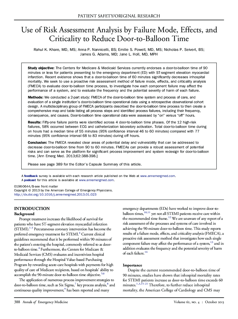 Use of Risk Assessment Analysis by Failure Mode, Effects, and Criticality to Reduce Door-to-Balloon Time