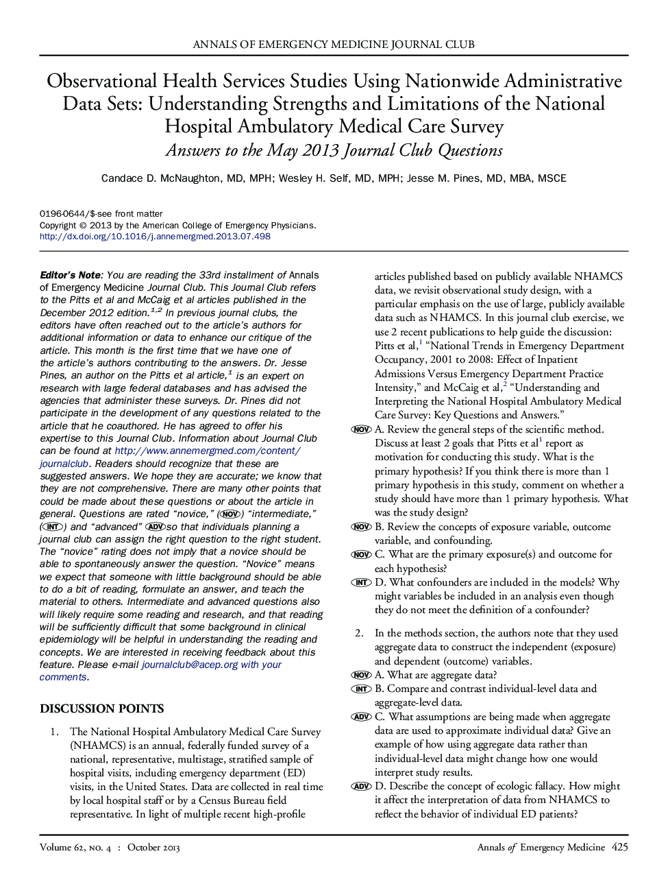 Observational Health Services Studies Using Nationwide Administrative Data Sets: Understanding Strengths and Limitations of the National Hospital Ambulatory Medical Care Survey