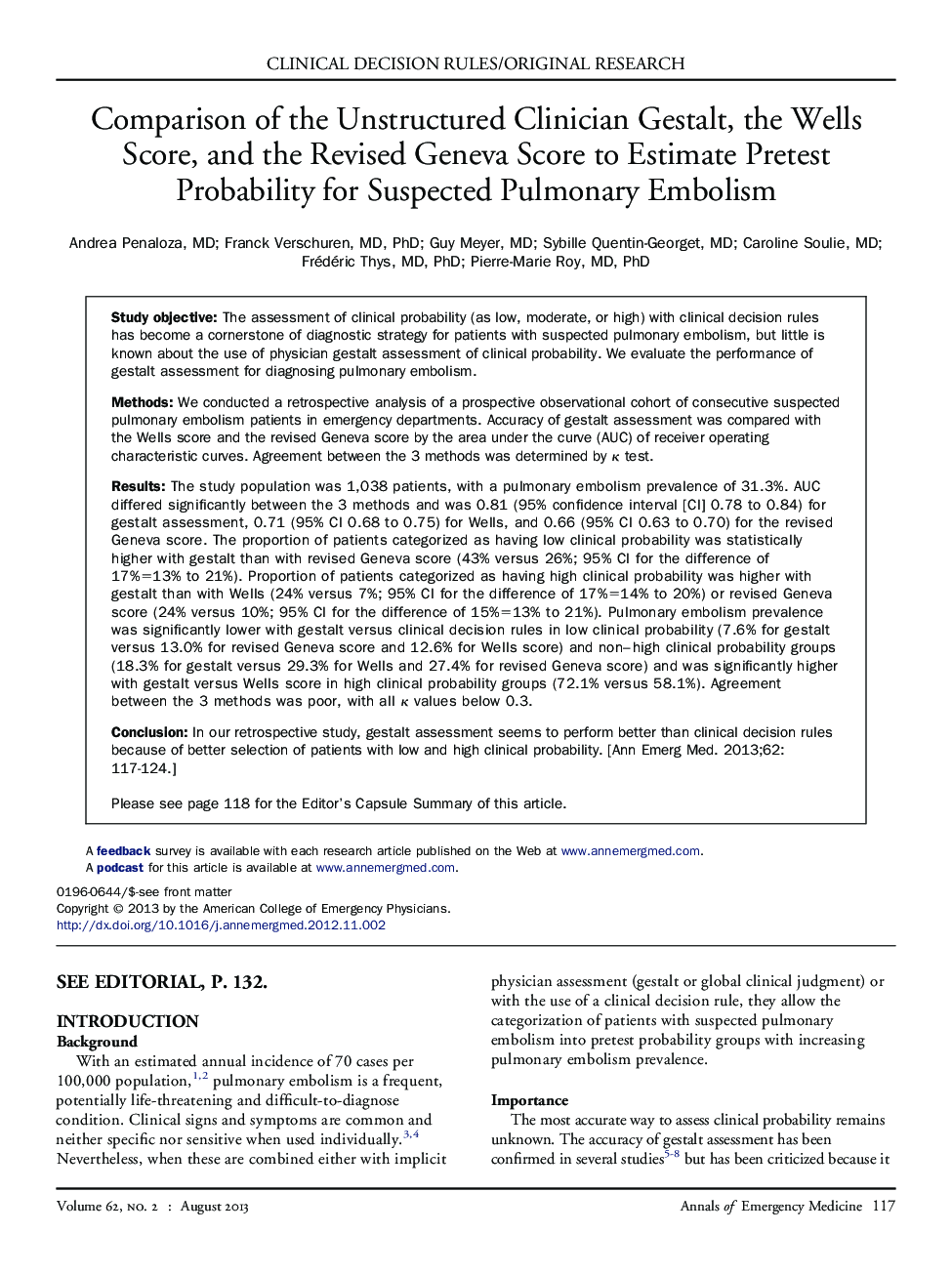 Comparison of the Unstructured Clinician Gestalt, the Wells Score, and the Revised Geneva Score to Estimate Pretest Probability for Suspected Pulmonary Embolism