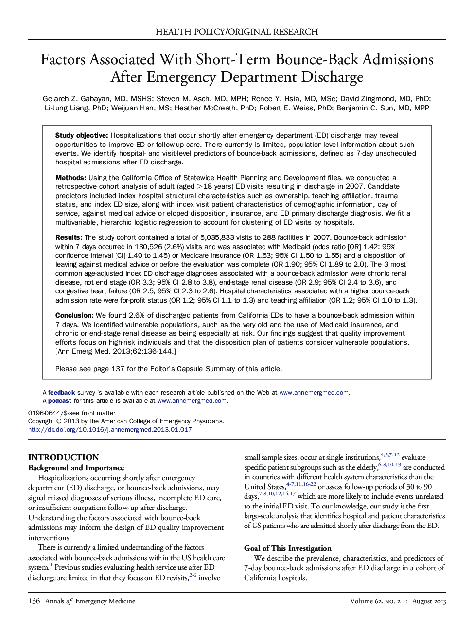 Factors Associated With Short-Term Bounce-Back Admissions After Emergency Department Discharge