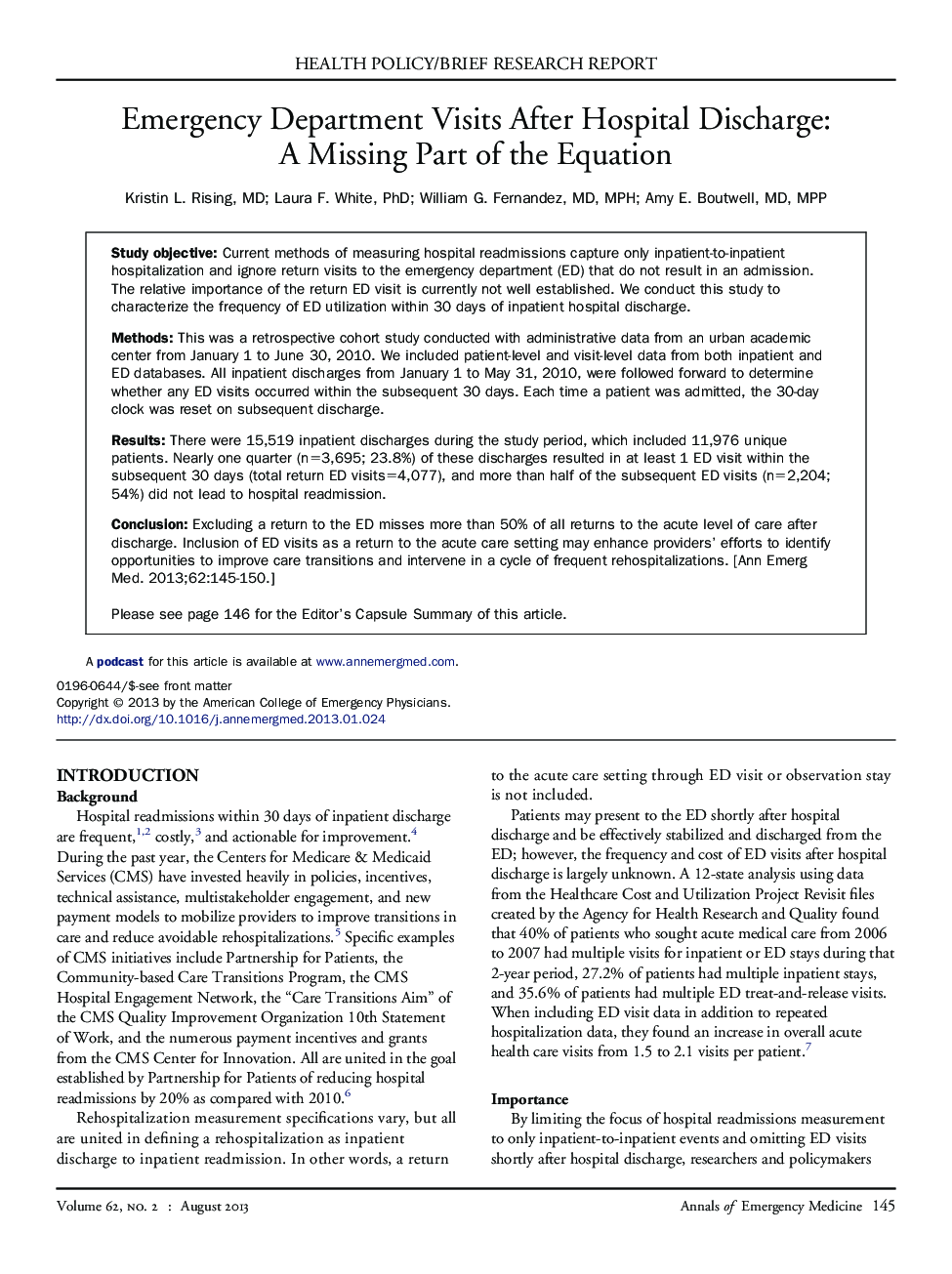 Emergency Department Visits After Hospital Discharge: A Missing Part of the Equation 