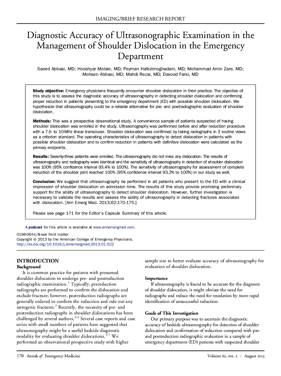 Diagnostic Accuracy of Ultrasonographic Examination in the Management of Shoulder Dislocation in the Emergency Department 