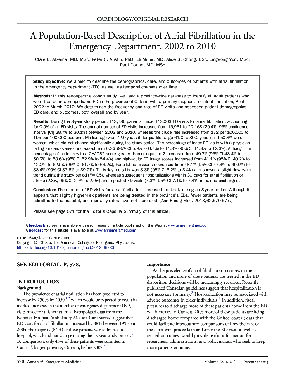 A Population-Based Description of Atrial Fibrillation in the Emergency Department, 2002 to 2010