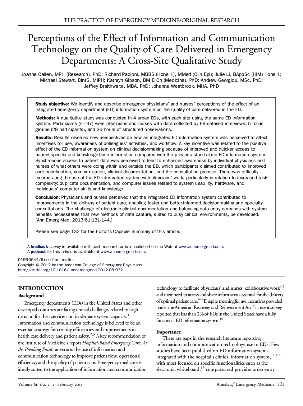 Perceptions of the Effect of Information and Communication Technology on the Quality of Care Delivered in Emergency Departments: A Cross-Site Qualitative Study 