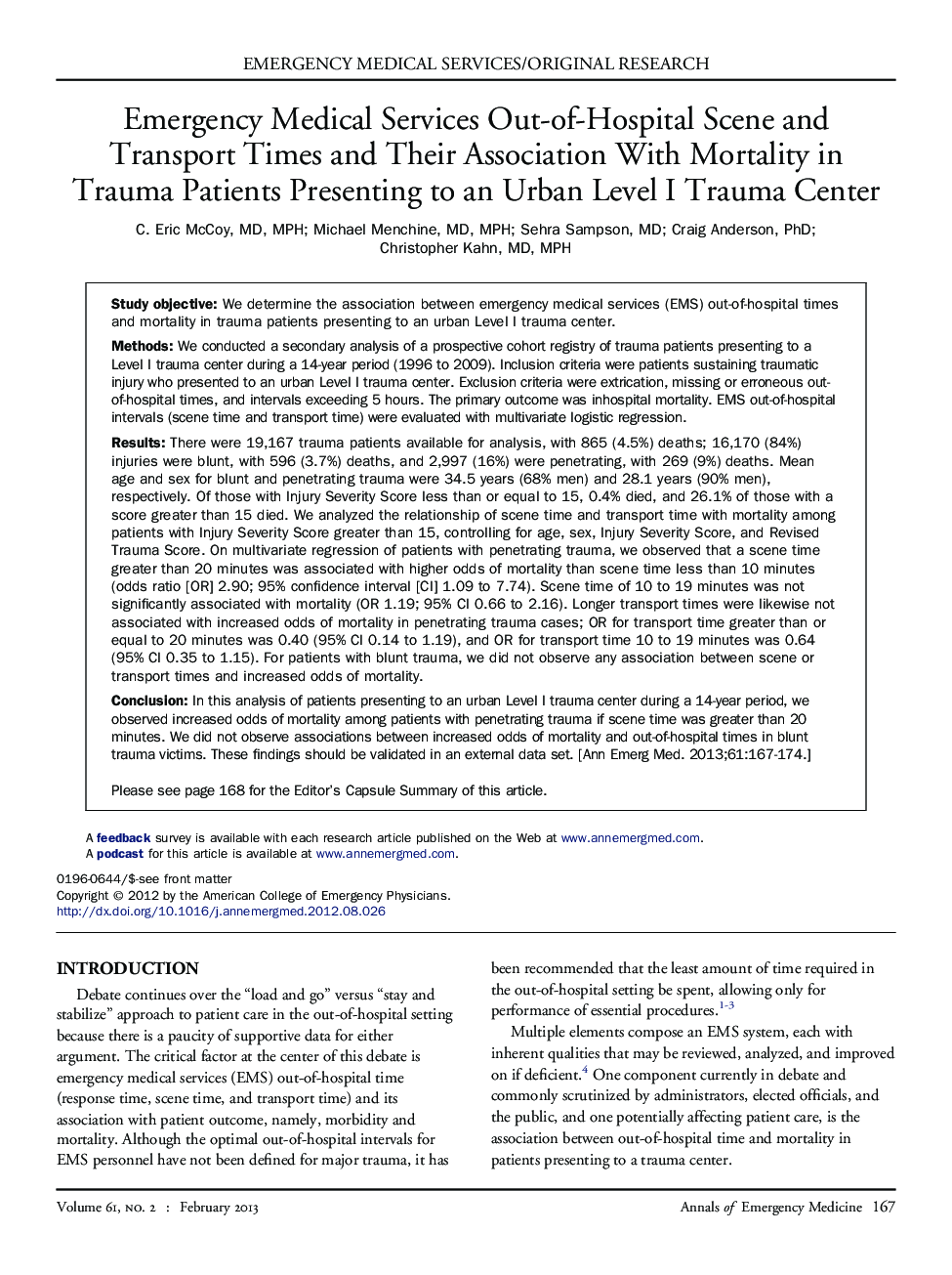 Emergency Medical Services Out-of-Hospital Scene and Transport Times and Their Association With Mortality in Trauma Patients Presenting to an Urban Level I Trauma Center 