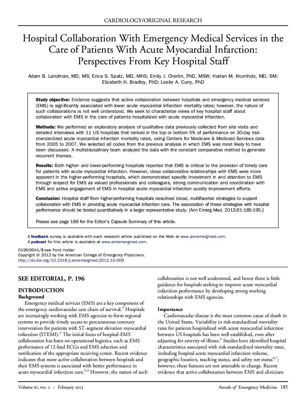 Hospital Collaboration With Emergency Medical Services in the Care of Patients With Acute Myocardial Infarction: Perspectives From Key Hospital Staff 