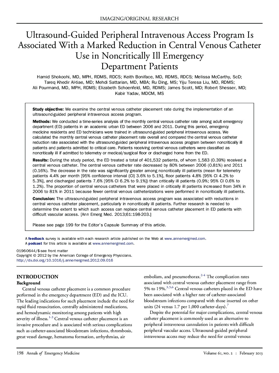 Ultrasound-Guided Peripheral Intravenous Access Program Is Associated With a Marked Reduction in Central Venous Catheter Use in Noncritically Ill Emergency Department Patients 