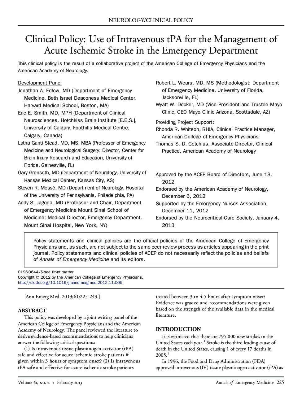 Clinical Policy: Use of Intravenous tPA for the Management of Acute Ischemic Stroke in the Emergency Department