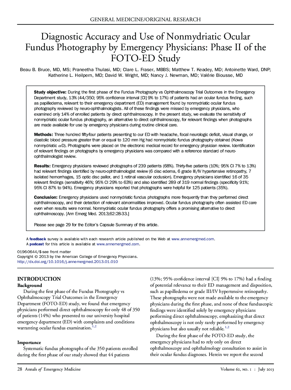 Diagnostic Accuracy and Use of Nonmydriatic Ocular Fundus Photography by Emergency Physicians: Phase II of the FOTO-ED Study