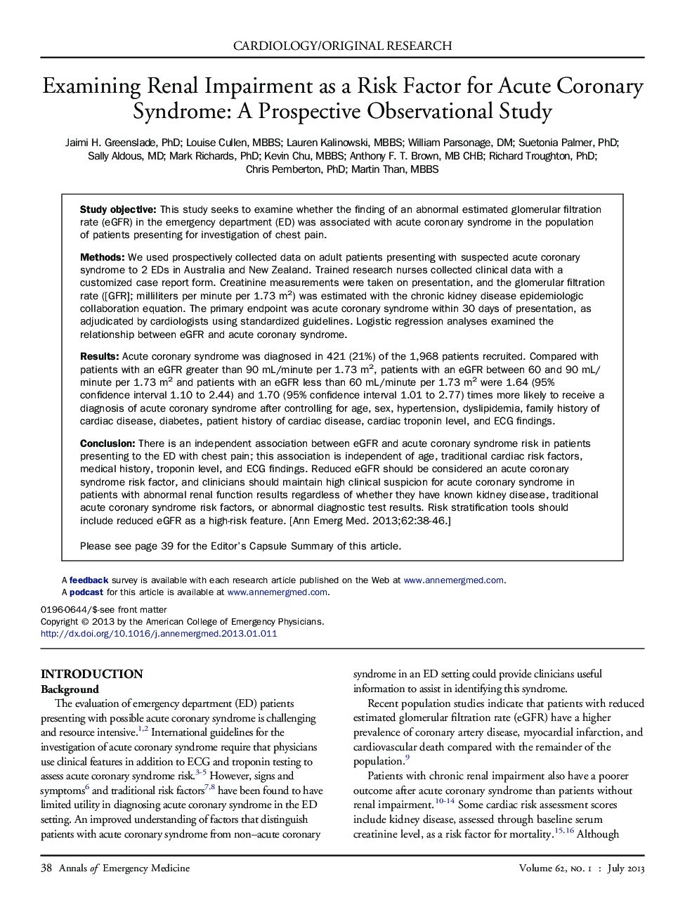 Examining Renal Impairment as a Risk Factor for Acute Coronary Syndrome: A Prospective Observational Study