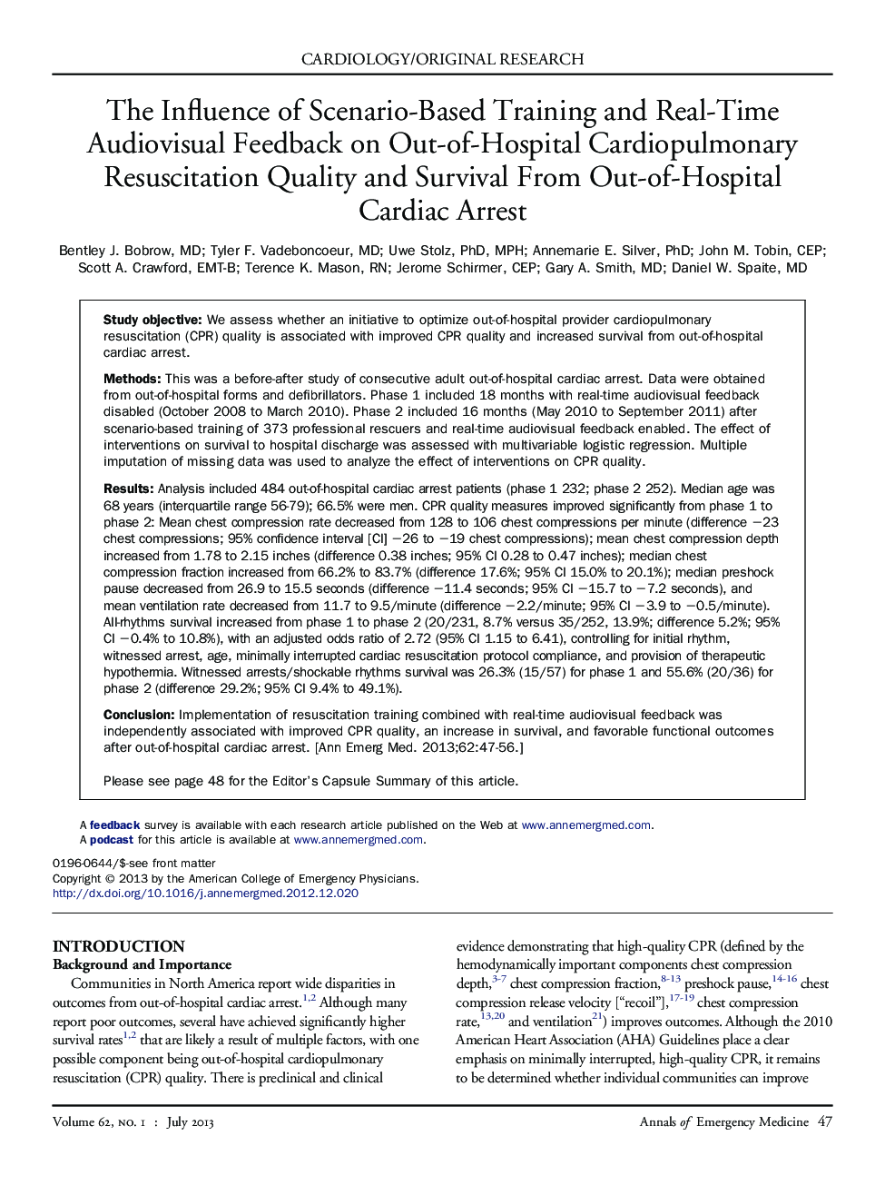 The Influence of Scenario-Based Training and Real-Time Audiovisual Feedback on Out-of-Hospital Cardiopulmonary Resuscitation Quality and Survival From Out-of-Hospital Cardiac Arrest