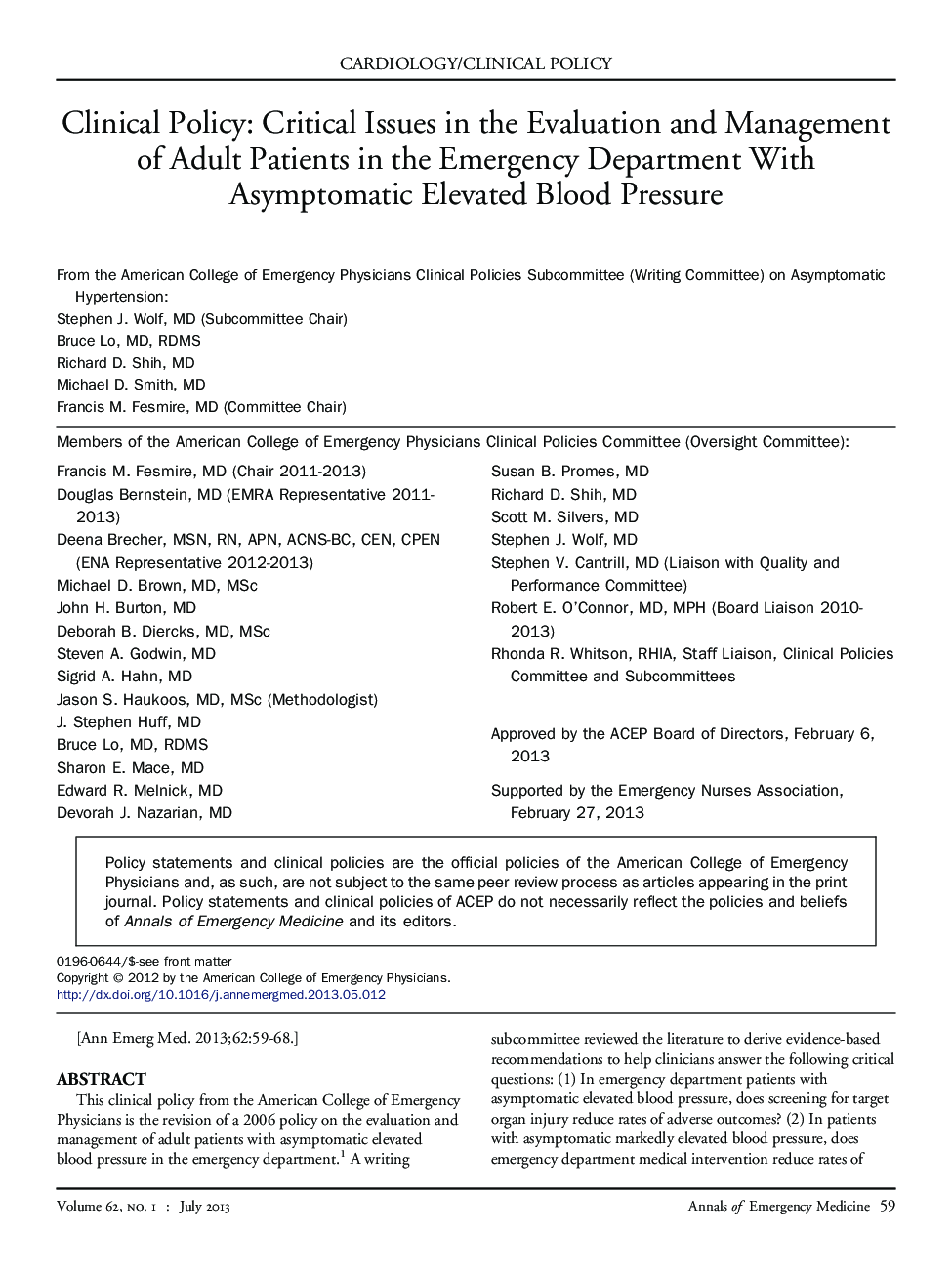 Clinical Policy: Critical Issues in the Evaluation and Management of Adult Patients in the Emergency Department With Asymptomatic Elevated Blood Pressure