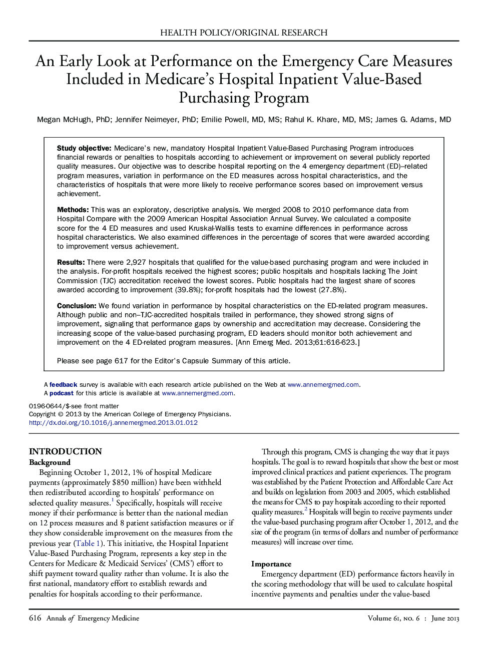 An Early Look at Performance on the Emergency Care Measures Included in Medicare's Hospital Inpatient Value-Based Purchasing Program