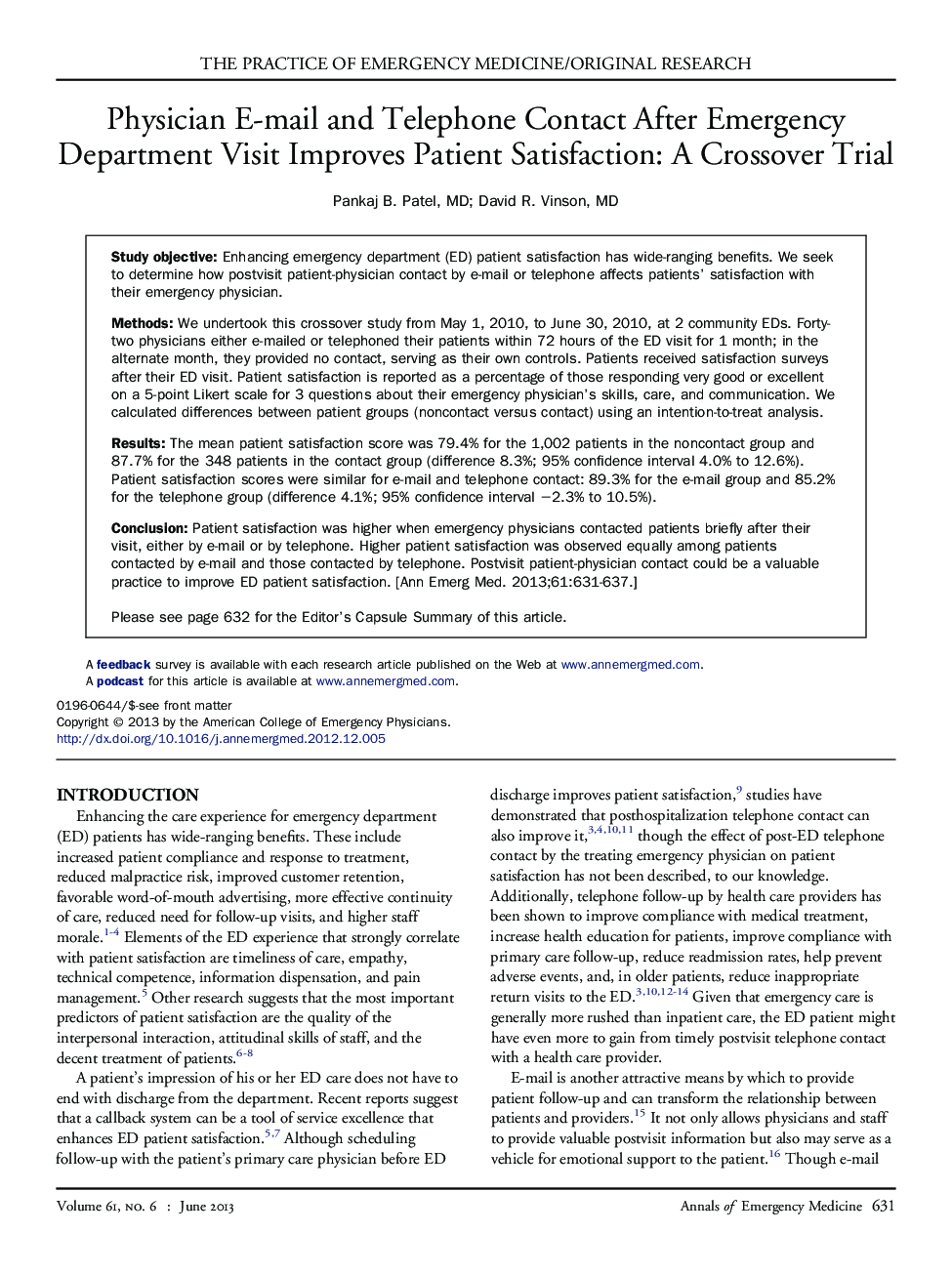 Physician E-mail and Telephone Contact After Emergency Department Visit Improves Patient Satisfaction: A Crossover Trial 