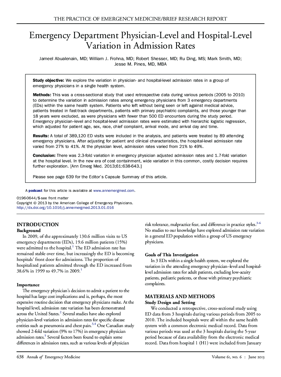 Emergency Department Physician-Level and Hospital-Level Variation in Admission Rates 