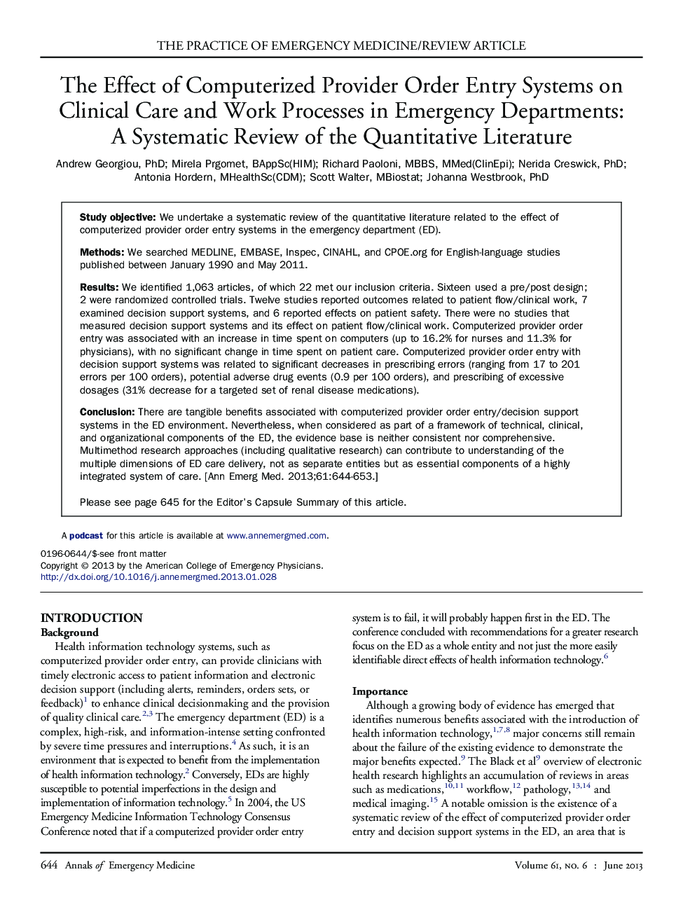 The Effect of Computerized Provider Order Entry Systems on Clinical Care and Work Processes in Emergency Departments: A Systematic Review of the Quantitative Literature