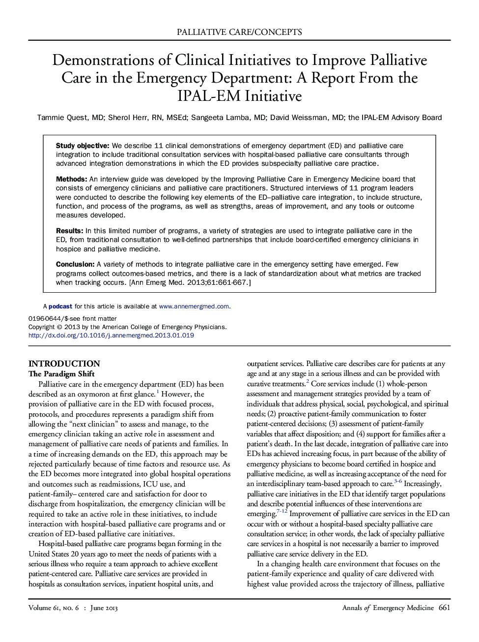 Demonstrations of Clinical Initiatives to Improve Palliative Care in the Emergency Department: A Report From the IPAL-EM Initiative 