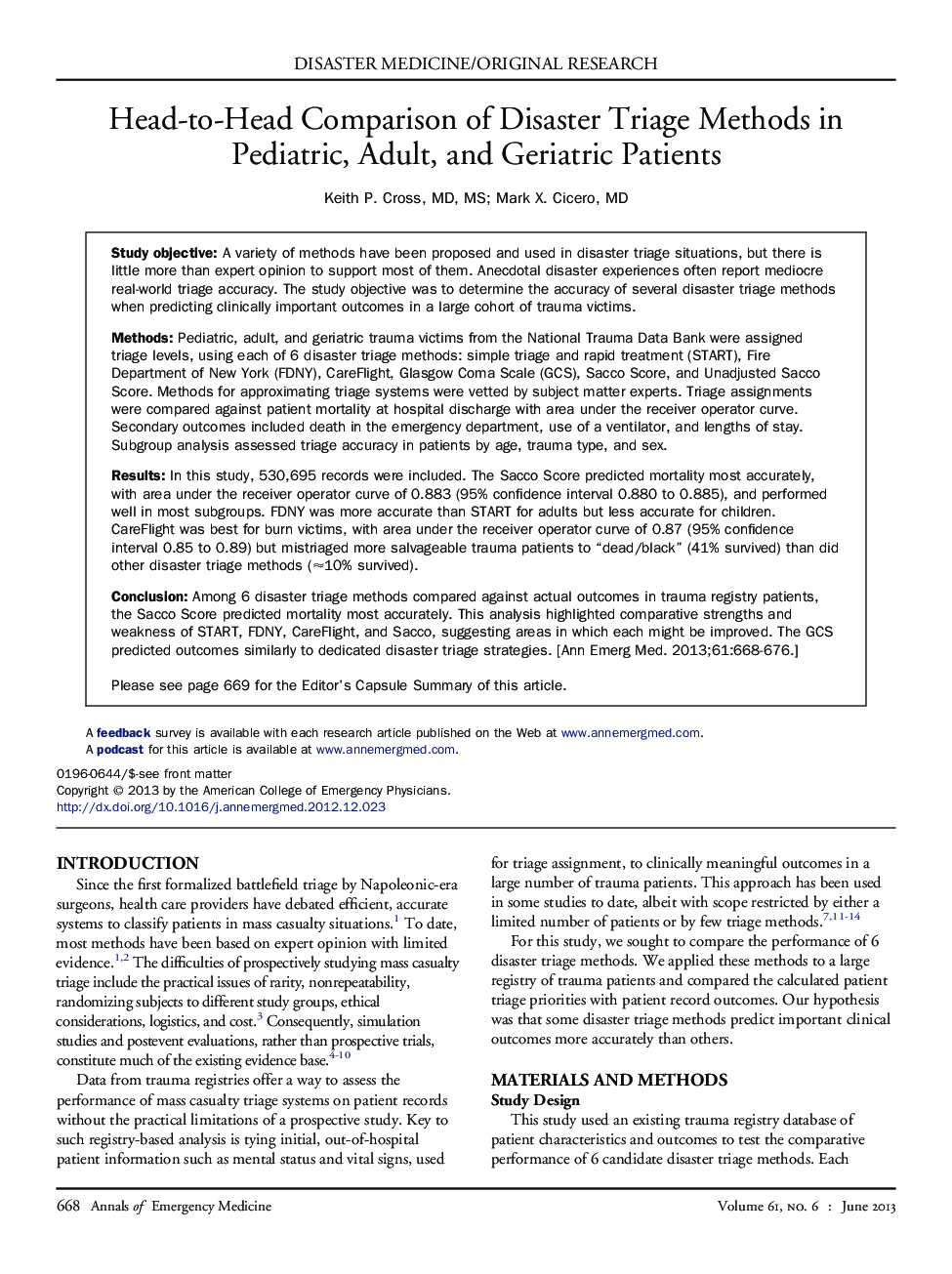 Head-to-Head Comparison of Disaster Triage Methods in Pediatric, Adult, and Geriatric Patients