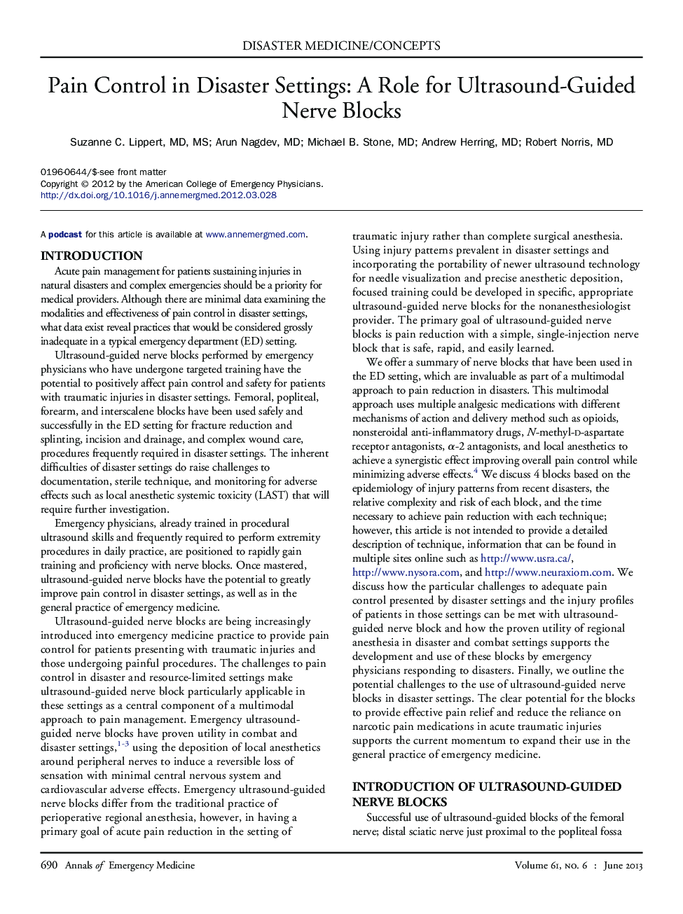 Pain Control in Disaster Settings: A Role for Ultrasound-Guided Nerve Blocks
