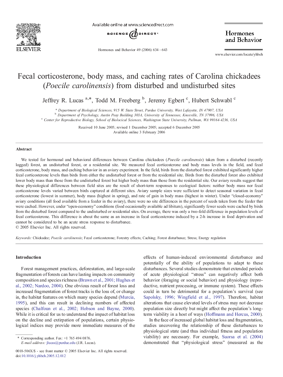 Fecal corticosterone, body mass, and caching rates of Carolina chickadees (Poecile carolinensis) from disturbed and undisturbed sites