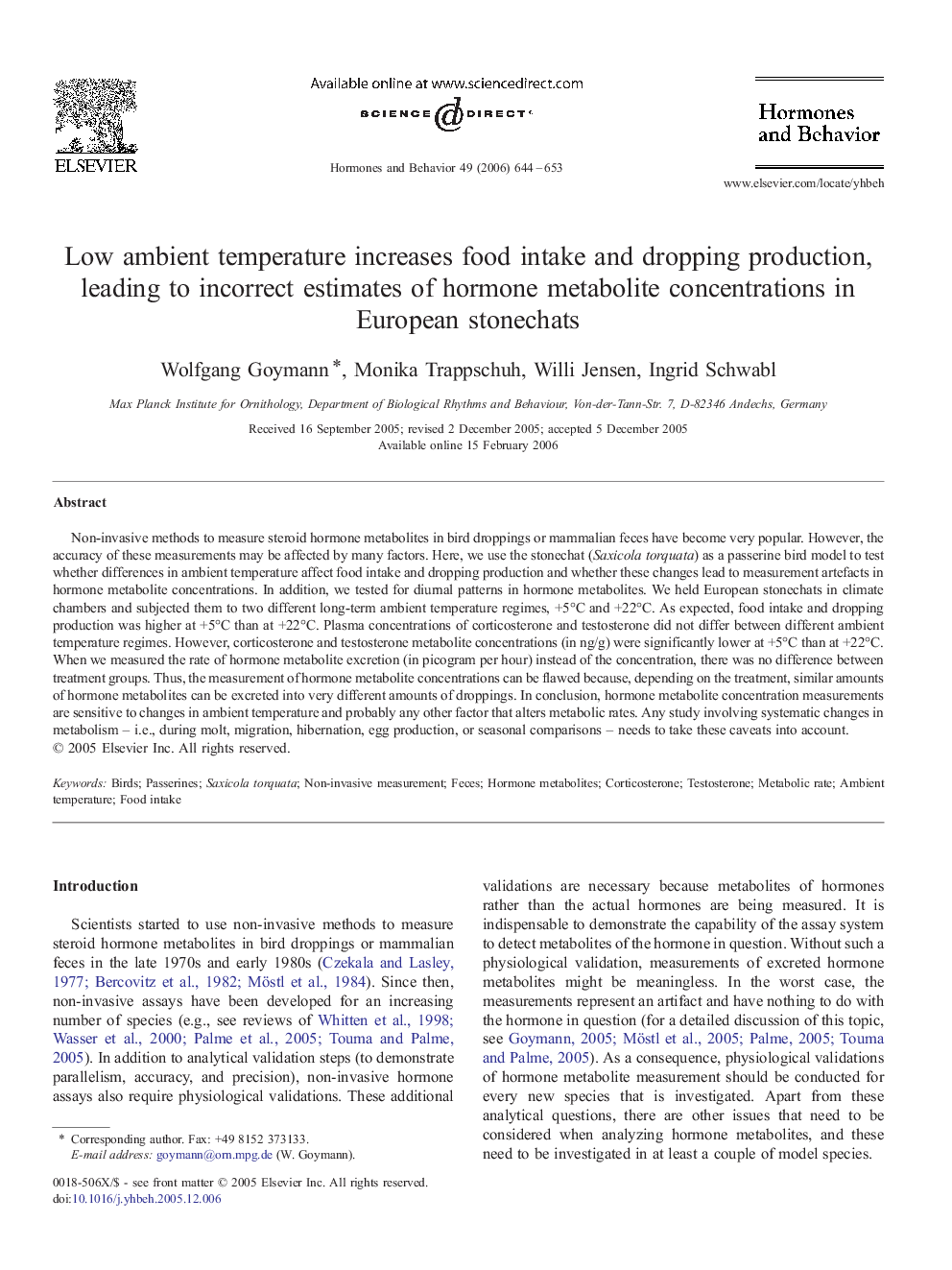 Low ambient temperature increases food intake and dropping production, leading to incorrect estimates of hormone metabolite concentrations in European stonechats